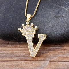 Crown Alphabet Letter A Gold American Diamond Copper Pendant Chain for Women