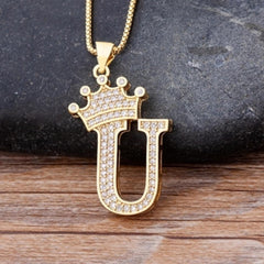 Crown Alphabet Letter A Gold American Diamond Copper Pendant Chain for Women