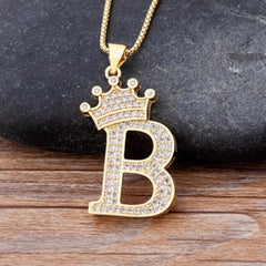 Crown Alphabet Letter A Gold American Diamond Copper Pendant Chain for Women