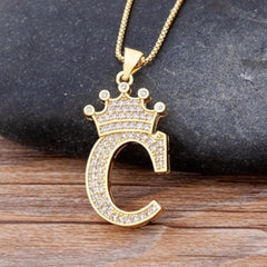 Crown Alphabet Letter A Gold American Diamond Copper Pendant Chain for Women