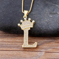 Crown Alphabet Letter A Gold American Diamond Copper Pendant Chain for Women