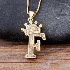 Crown Alphabet Letter A Gold American Diamond Copper Pendant Chain for Women