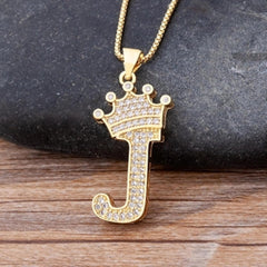 Crown Alphabet Letter A Gold American Diamond Copper Pendant Chain for Women