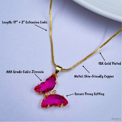 Copper Cubic Zirconia Crystal Pink Gold Butterfly Pendant Chain Women