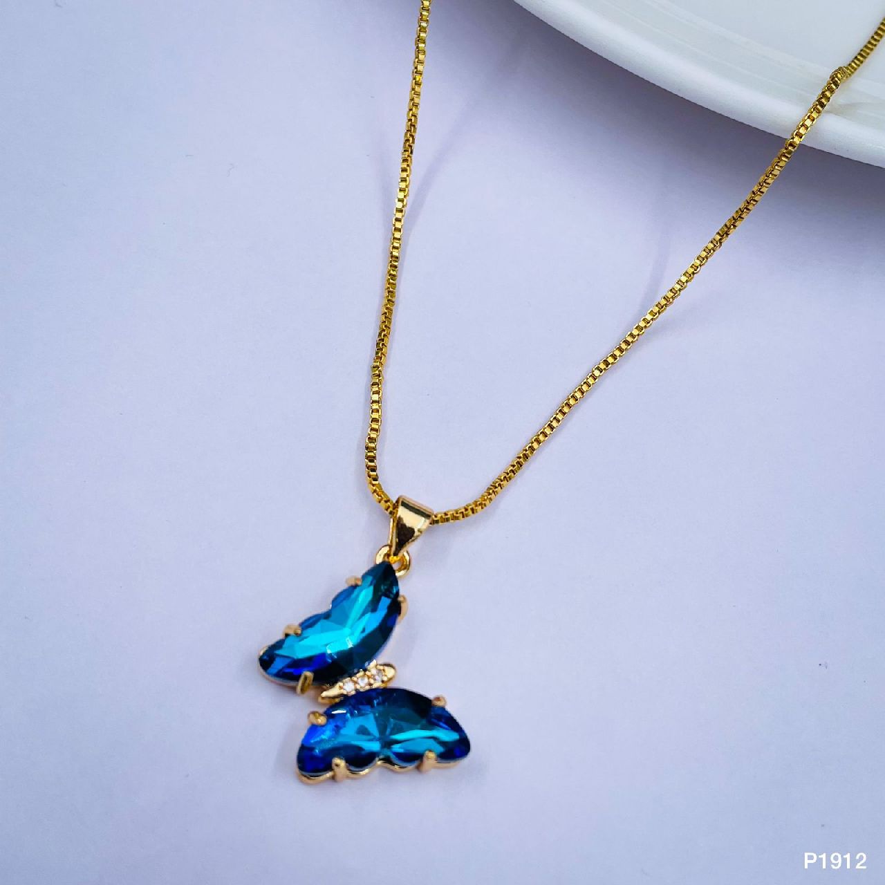 Copper Cubic Zirconia Crystal Blue Gold Butterfly Pendant Chain