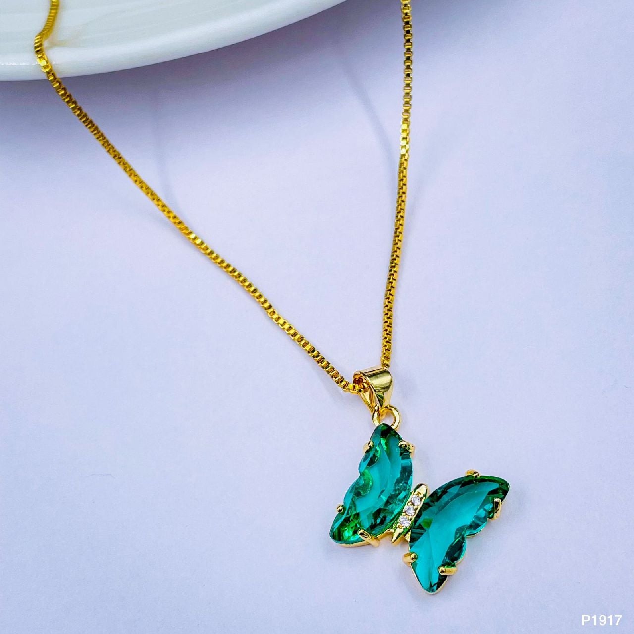Copper Cubic Zirconia Crystal Green Butterfly Pendant Chain Women