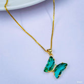 Copper Cubic Zirconia Crystal Green Butterfly Pendant Chain Women