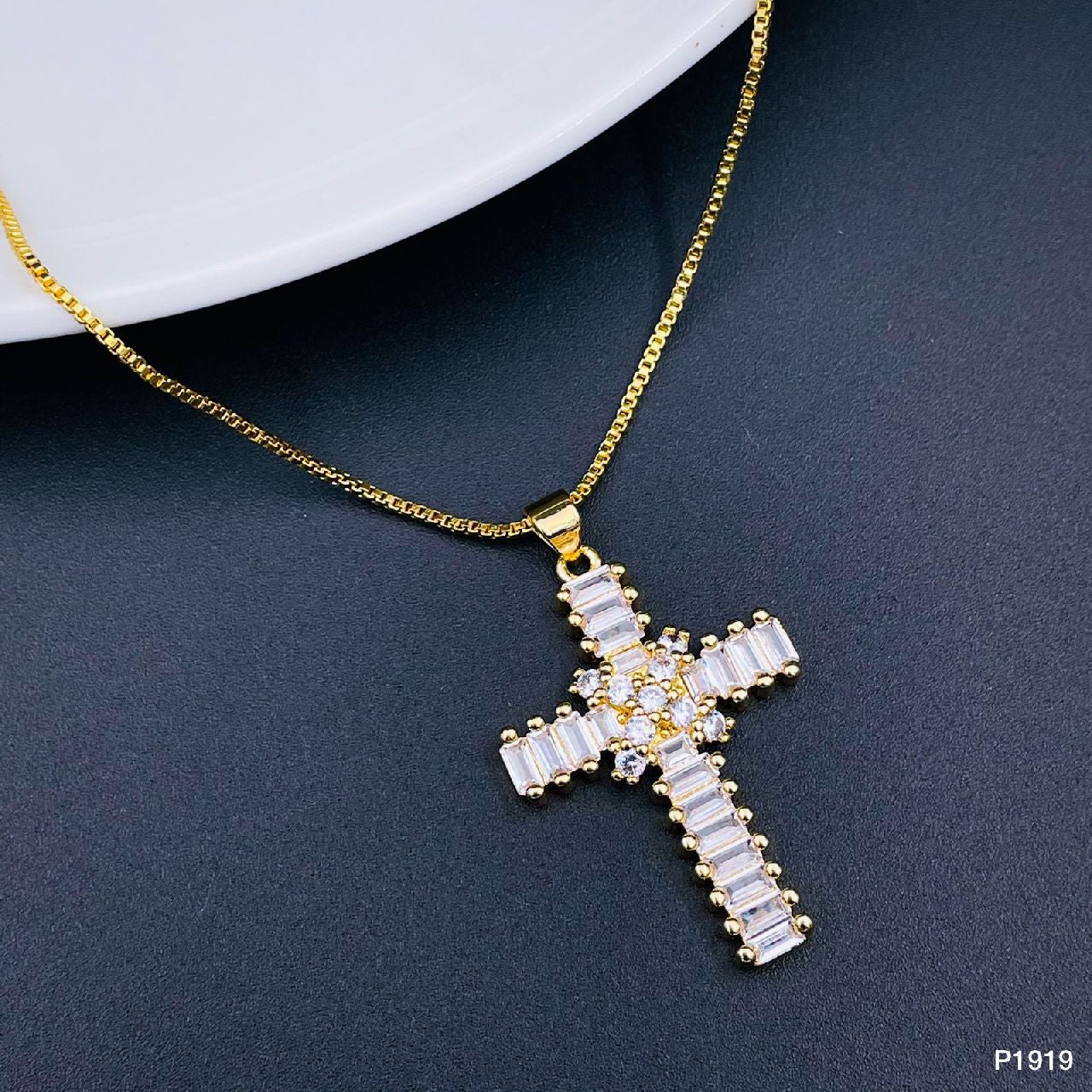 Baguette Copper Cubic Zirconia Gold Jesus Cross Pendant Chain