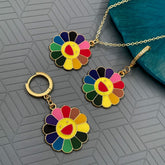 Rainbow Sunflower Brass Gold Multicolor Enamel Pendant Chain Earring Set For Women