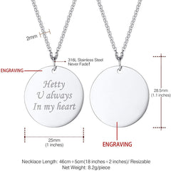 Stainless Steel Round Dog Tag Personalized Engraved Letter Necklace Pendant Chain Unisex