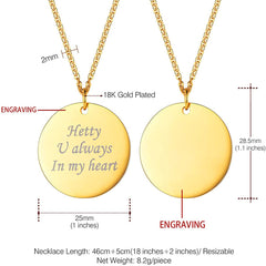 Stainless Steel Round Dog Tag Personalized Engraved Letter Necklace Pendant Chain Unisex