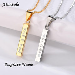 Stainless Steel Silver Slim Link Personalized Engraved Letter All Side Necklace Pendant Chain Unisex