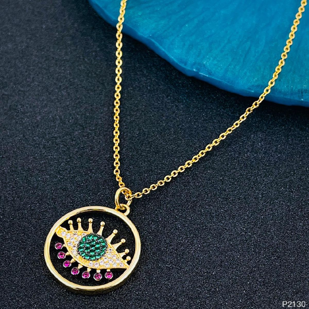 Copper Cubic Zirconia Purple Gold Evil Eye Necklace Pendant Chain Women