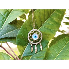 Dream Catcher Evil Eye Cubic Zirconia Mother of Pearl Gold Pendant Chain