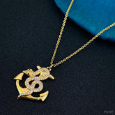 Snake Anchor Cubic Zirconia Copper Gold Necklace Pendant Chain Unisex
