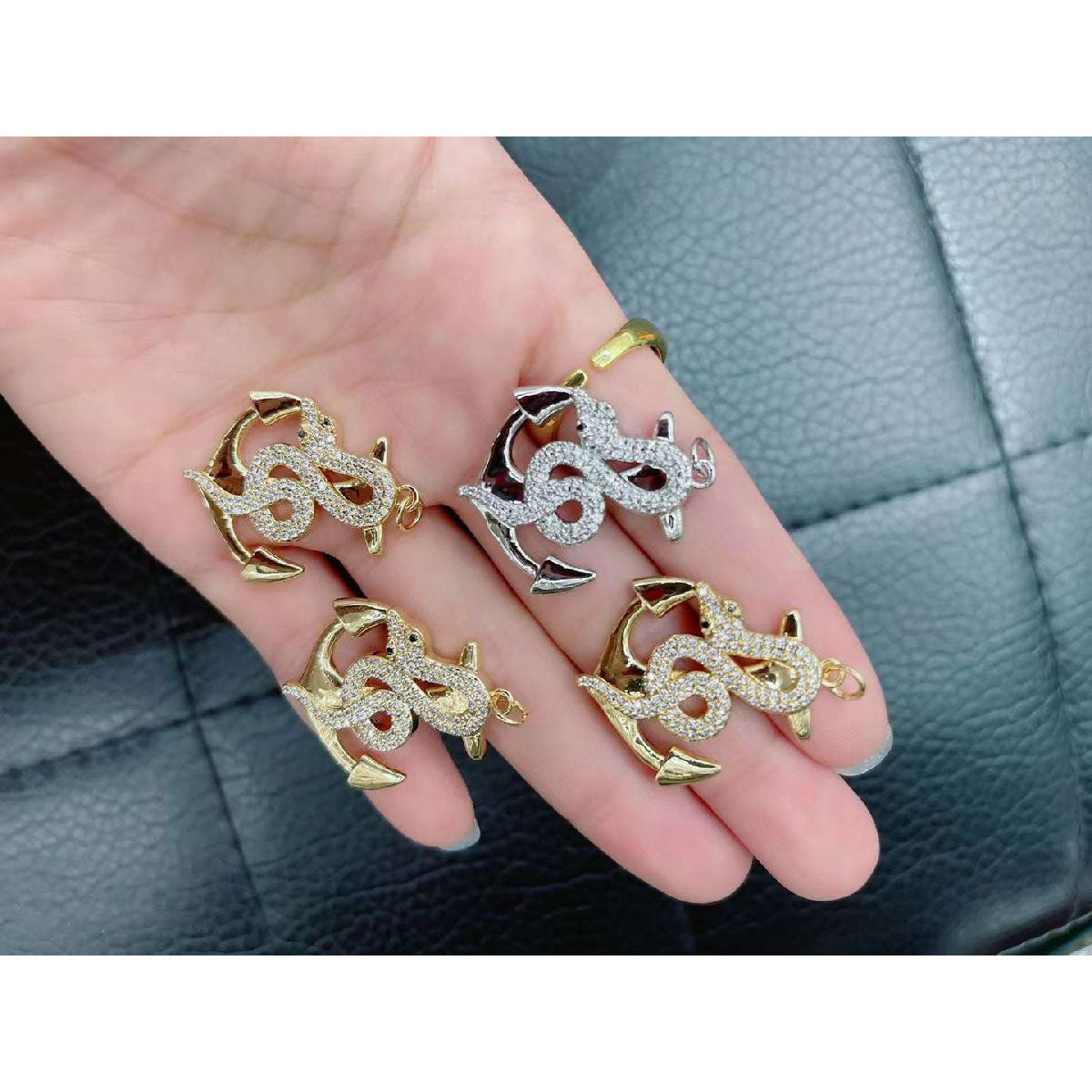 Snake Anchor Cubic Zirconia Copper Gold Necklace Pendant Chain Unisex