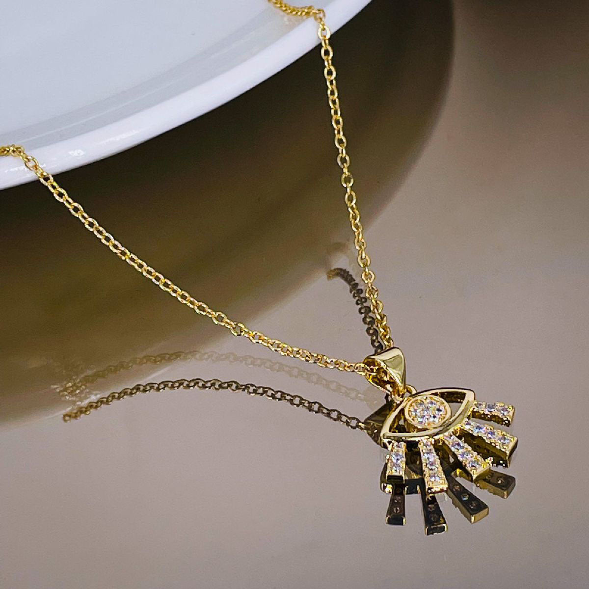 Evil Eye Lash Cubic Zirconia 18K Gold Copper Pendant Chain for Women