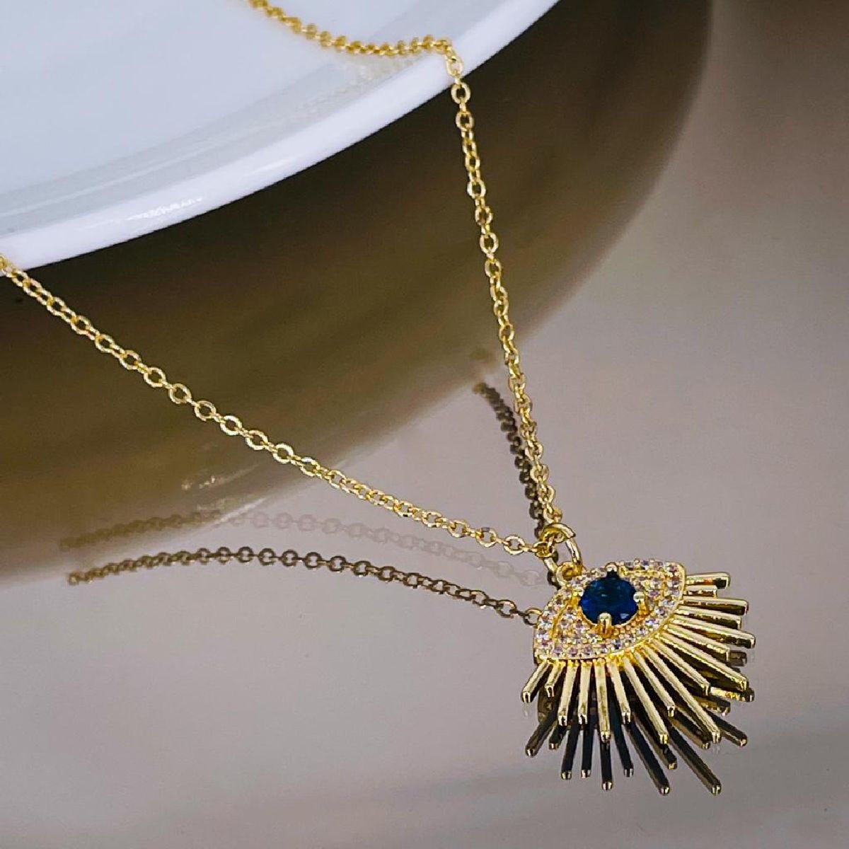Evil Eye Lash Blue Cubic Zirconia 18K Gold Copper Pendant Chain for Women