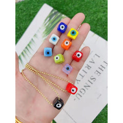 Dark Blue Evil Eye Cube 18K Gold Enamel Pendant Chain for Women