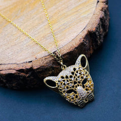 Copper Cubic Zirconia Gold Tiger Head Pendant Chain For Women