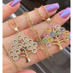 Tree of Life Cubic Zirconia 18K Gold Necklace Pendant Chain for Women
