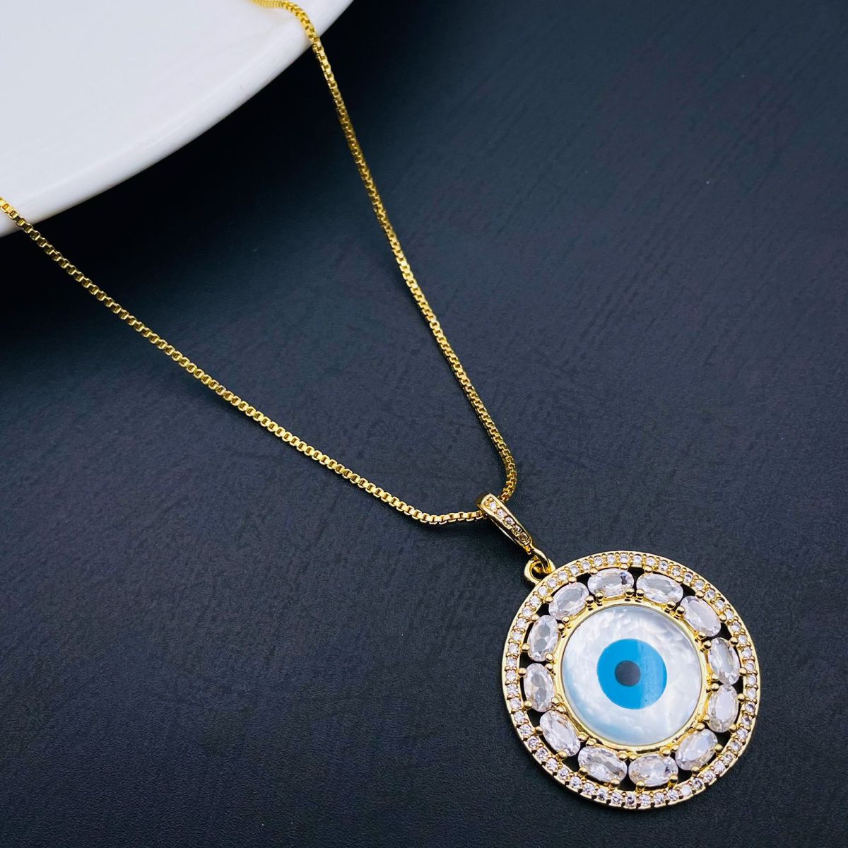 Evil Eye Mother Of Pearl Oval CZ 18K Gold Pendant Chain
