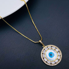 Evil Eye Mother Of Pearl Oval CZ 18K Gold Pendant Chain