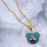 Turquoise Blue Teddy Bear Cubic Zirconia 18K Gold Pendant Links Chain for Women