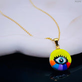 Neon Yellow Enamel Evil Eye Enamel 18K Gold Pendant Chain for Women