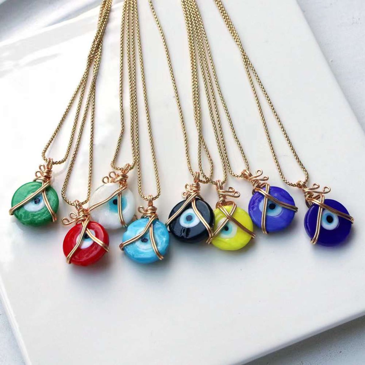 Sky Blue Evil Eye Wire Wrap 18K Gold Anti Tarnish Pendant Chain for Women