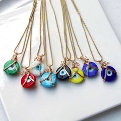 Sky Blue Evil Eye Wire Wrap 18K Gold Anti Tarnish Pendant Chain for Women