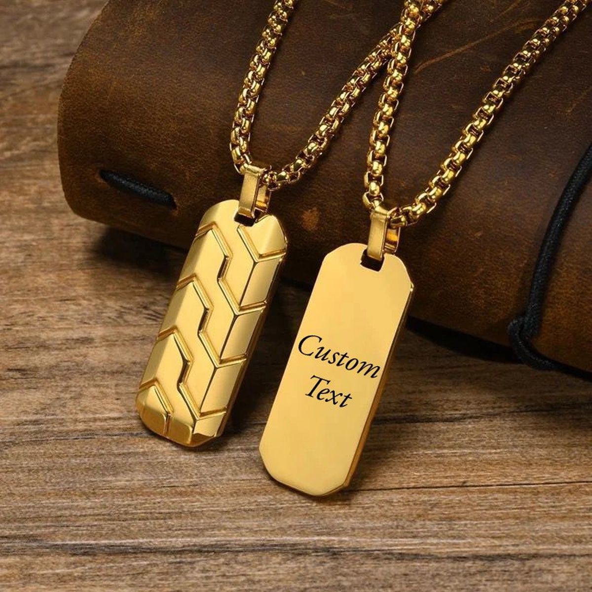 Zig Zag 18K Matte Gold 316L Stainless Steel Dog Tag Customized Personalised Laser Engraved Pendant Chain for Men Gold Engraved