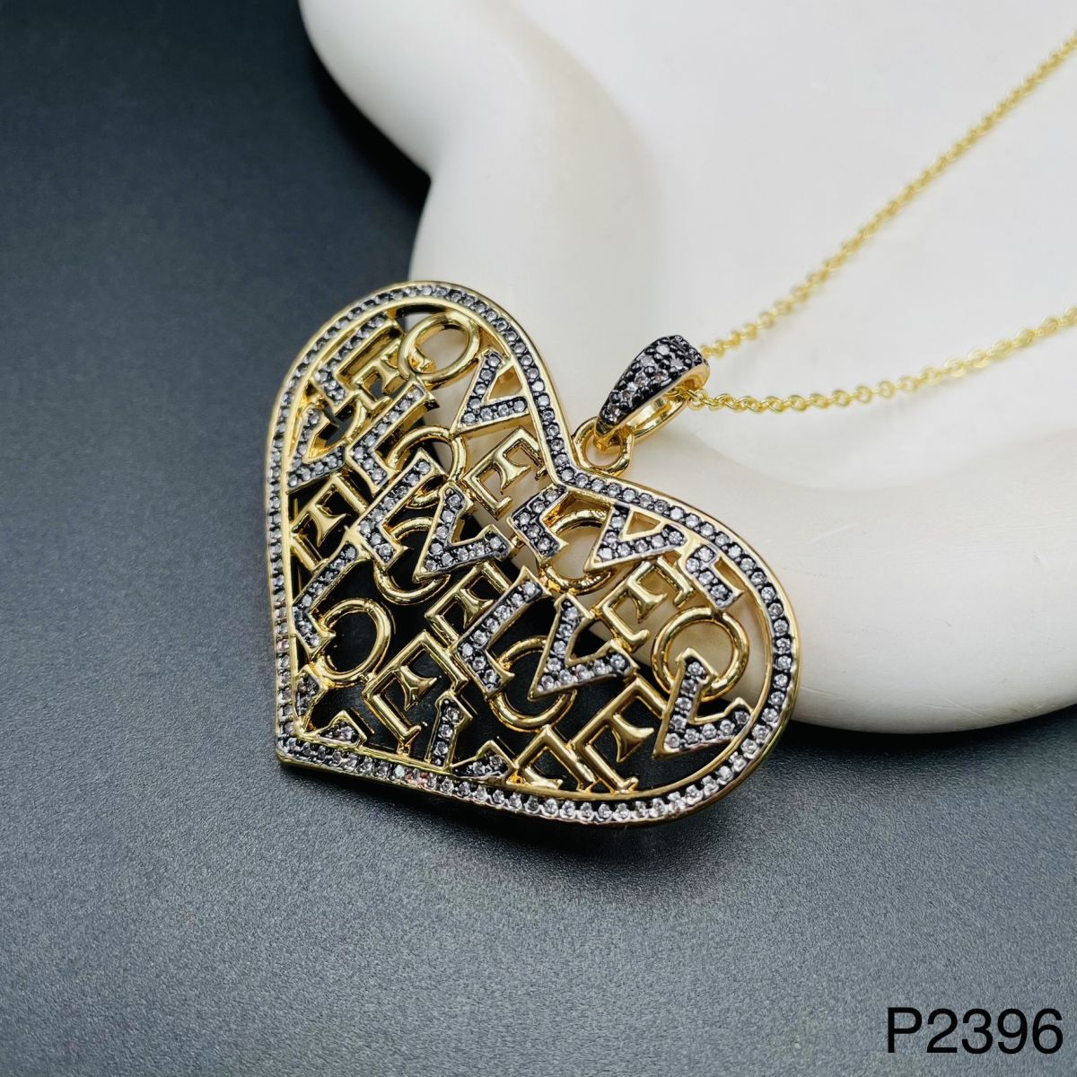 Large Heart Love Black Rhodium Cubic Zirconia 18K Gold Pendant Chain for Women