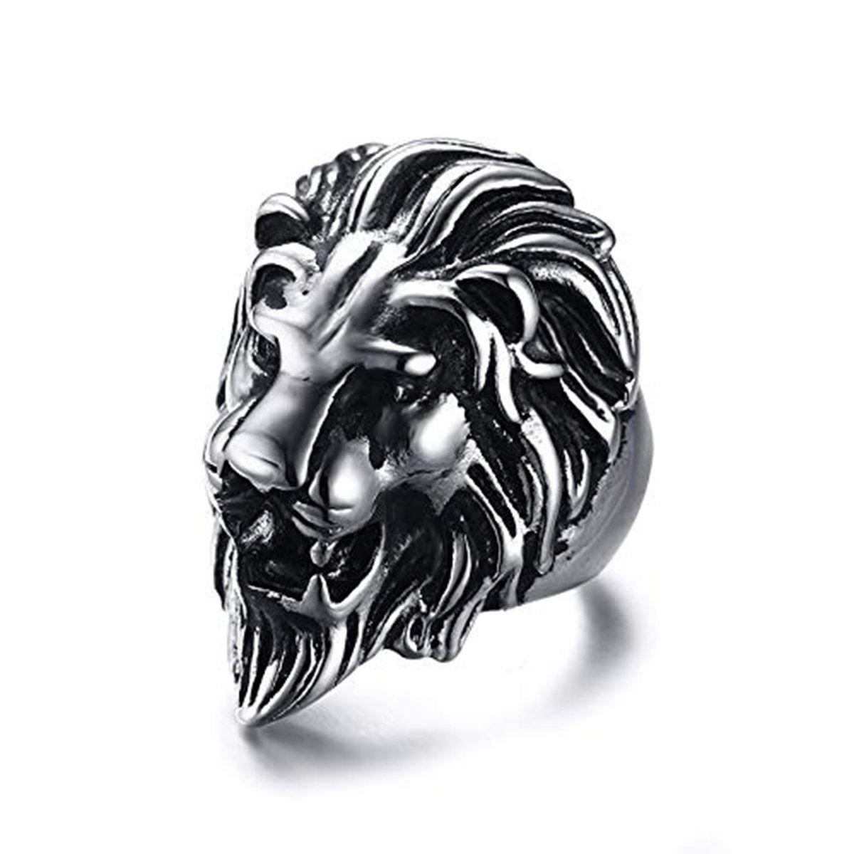 Biker Vintage Oxidise Silver Stainless Steel Lion Head Ring