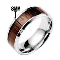 8Mm Silver Stainless Steel Ring Vintage Promise Band Wood