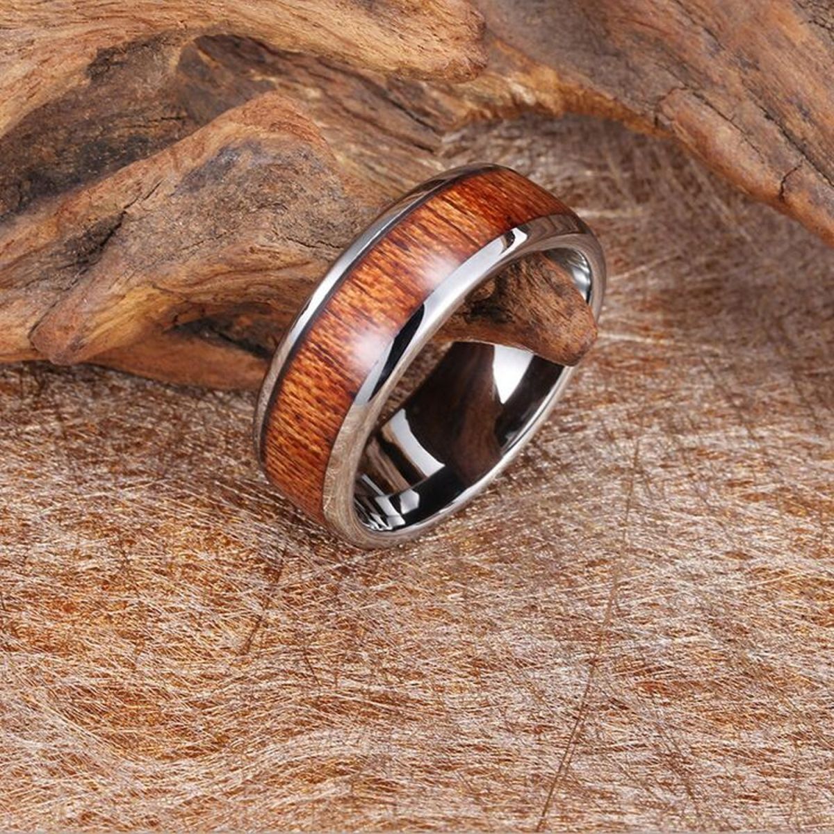 8Mm Silver Stainless Steel Ring Vintage Promise Band Wood
