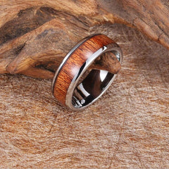 8Mm Silver Stainless Steel Ring Vintage Promise Band Wood