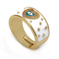 Heart Evil Eye White Enamel Gold Adjustable Free Size Band Ring Women Gift