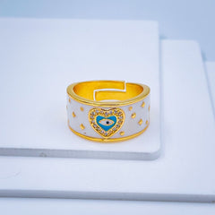 Heart Evil Eye White Enamel Gold Adjustable Free Size Band Ring Women Gift