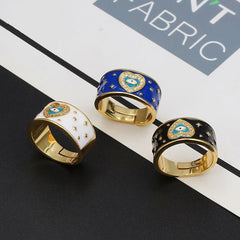 Heart Evil Eye White Enamel Gold Adjustable Free Size Band Ring Women Gift