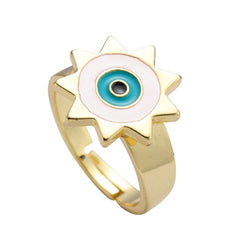 Sun Evil Eye White Enamel Gold Adjustable Free Size Band Ring Women Gift