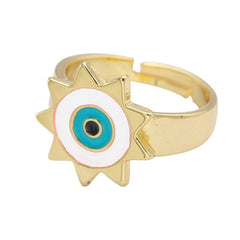 Sun Evil Eye White Enamel Gold Adjustable Free Size Band Ring Women Gift