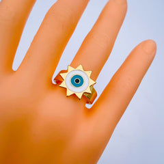 Sun Evil Eye White Enamel Gold Adjustable Free Size Band Ring Women Gift