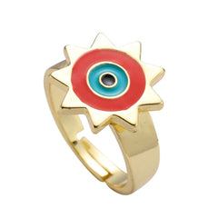 Sun Evil Eye White Enamel Gold Adjustable Free Size Band Ring Women Gift