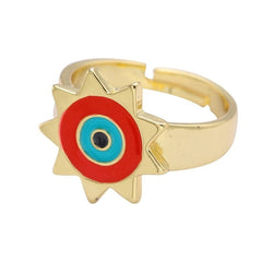 Sun Evil Eye White Enamel Gold Adjustable Free Size Band Ring Women Gift