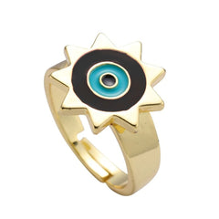 Sun Evil Eye White Enamel Gold Adjustable Free Size Band Ring Women Gift