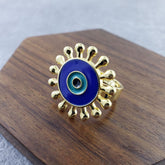 Flower Round Evil Eye Blue Enamel Gold Adjustable Free Size Band Ring Women Gift