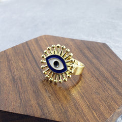 Flower Evil Eye White Enamel Gold Adjustable Free Size Band Ring Women Gift