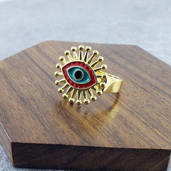 Flower Evil Eye White Enamel Gold Adjustable Free Size Band Ring Women Gift