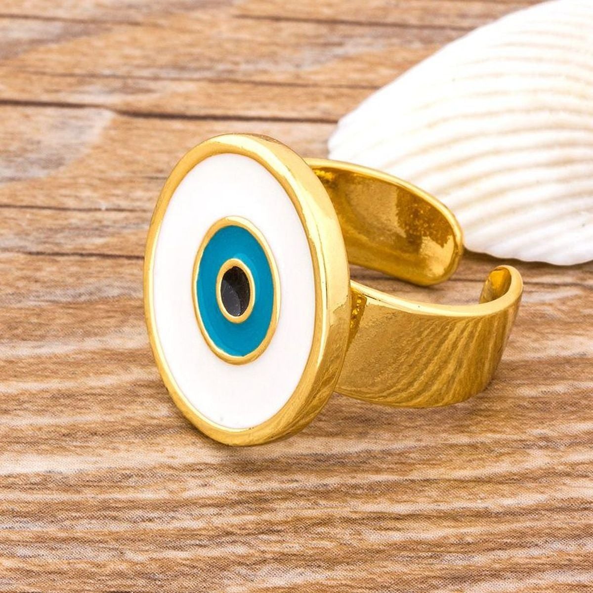 Round Evil Eye White Enamel Gold Adjustable Free Size Band Ring Women Gift